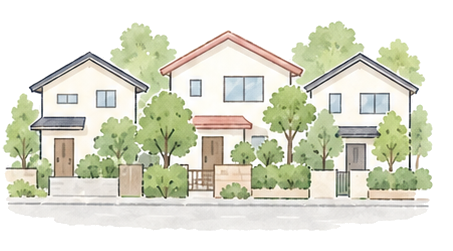 住宅と緑の木が並ぶ街並みのイメージ